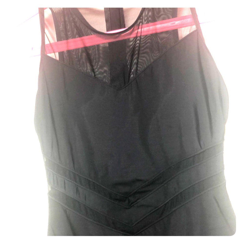Black one piece bathing suit with mesh details
